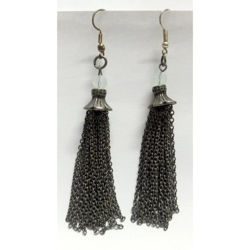 Handmade Ball Bead Chain Tassel Silvertone Pierced Earrings Drop Dangle New 3.25